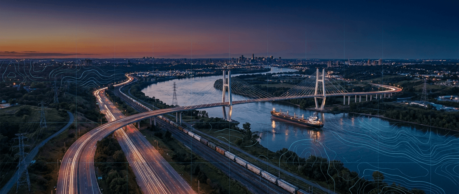 Corredor multimodal al atardecer: puente atirantado, autopista con estelas de luces, tren de carga y buque cruzando el río, con una ciudad encendiéndose al fondo